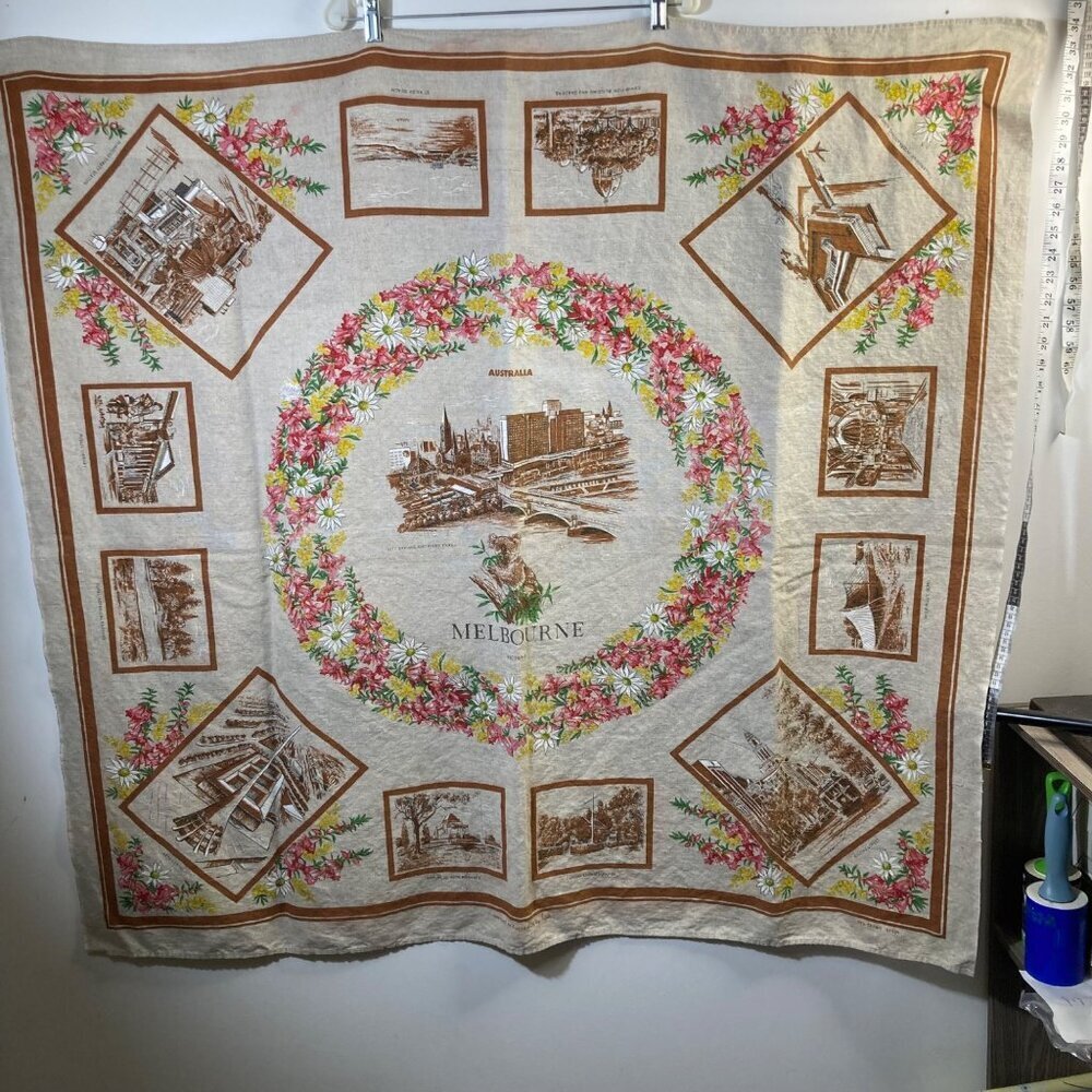 Melbourne Australia Linen Tablecloth by Heil Flinders Station More Tan 47 x‎ 50"
